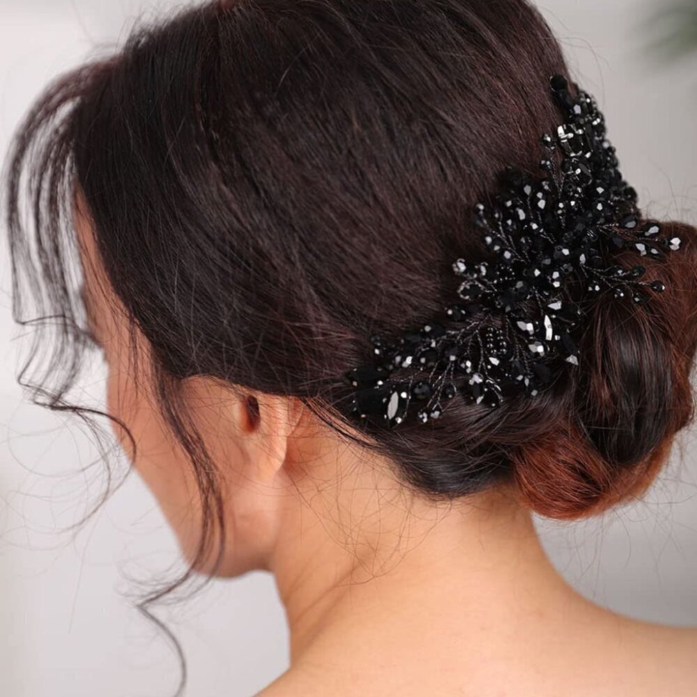 Women Dainty Black Rhinestones Crystal Bride Wedding Hair Comb Headband Luxuriou